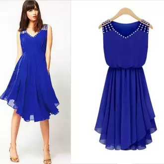Fancy Blue Empire Beading and Lace Dress for Prom Lace Up Satin and Chiffon Sleeveless Floor Length