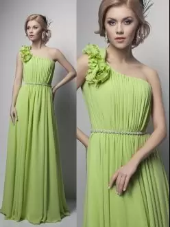 Yellow Green Chiffon Prom Dress Sleeveless Floor Length Beading and Ruching