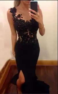 Fantastic Brush Train Mermaid Prom Homecoming Dress Black Scoop Chiffon Sleeveless