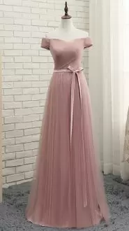 Great Pink Lace Up Off The Shoulder Ruching and Bowknot Dress for Prom Tulle Short Sleeves