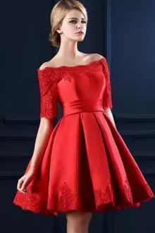 High Class Scalloped Short Sleeves Red Prom Gown Satin Lace and Appliques