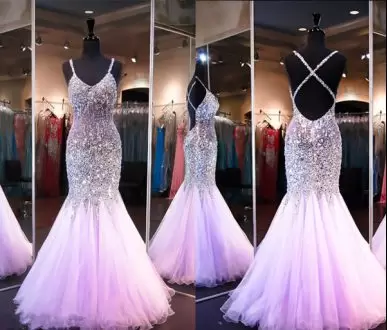 Lilac Tulle Criss Cross Spaghetti Straps Sleeveless Floor Length Prom Gown Beading and Sequins