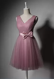 Pink Tulle Lace Up V-neck Sleeveless Mini Length Junior Homecoming Dress Bowknot