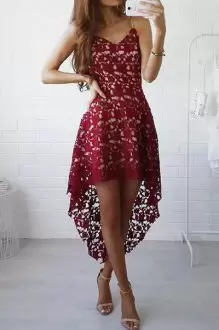 Glamorous Red A-line Spaghetti Straps Sleeveless Lace High Low Side Zipper Prom Homecoming Dress