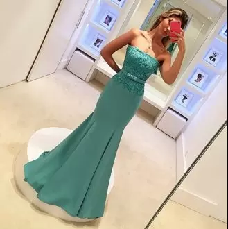 Dark Green Sleeveless Floor Length Beading and Lace Lace Up Prom Dresses Strapless