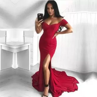 Red Sleeveless Chiffon Court Train Zipper Homecoming Gowns for Prom and Party and Military Ball
