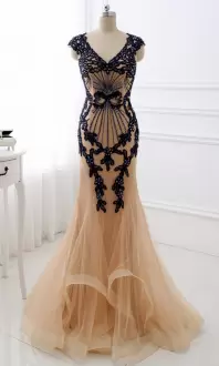 Champagne Prom Dress Prom and Party and Military Ball with Beading V-neck Sleeveless Sweep Train Zipper