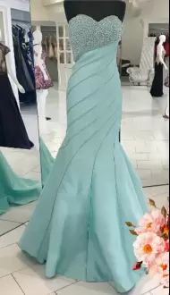 Cute Blue Satin Lace Up Prom Dress Sleeveless Floor Length Beading