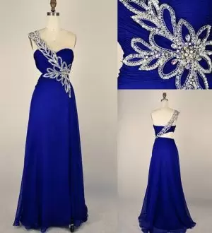 New Style Floor Length Blue Prom Dresses Satin and Chiffon Sweep Train Sleeveless Beading and Lace