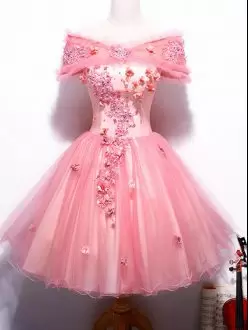 Special Short Off Shoulder Light Pink Tulle Homecoming Dress with Flowers under 100