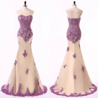 Champagne Side Zipper Prom Evening Gown Beading and Appliques Sleeveless Sweep Train