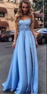 Pretty Blue Satin Lace Up Sweetheart Sleeveless Floor Length Dress for Prom Sweep Train Beading and Lace