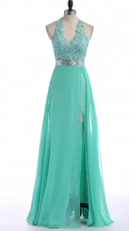 Beading and Lace and Belt Junior Homecoming Dress Turquoise Backless Sleeveless Floor Length