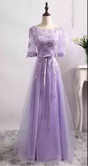 Floor Length Lace Up Prom Dress Lavender for Prom and Party with Beading and Lace Sweep Train