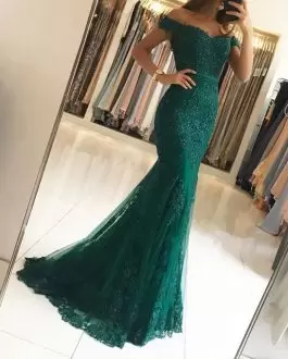 Modest Lace Off The Shoulder Sleeveless Sweep Train Lace Up Lace Homecoming Dress in Green