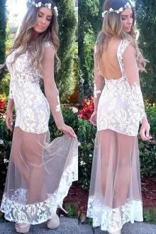 Colorful Lace and Appliques Homecoming Dresses White Backless Long Sleeves Floor Length