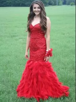 Red Prom Homecoming Dress Prom and Party with Beading and Ruffles Sweetheart Sleeveless Sweep Train Lace Up