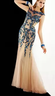 Sleeveless Satin Floor Length Lace Up Prom Gown in Blue with Beading and Lace