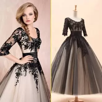 Modern Black and Champagne Lace Up Scoop Lace and Appliques Prom Dress Tulle 3 4 Length Sleeve