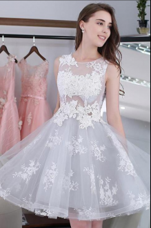 Elegant Mini Length Grey Prom Gown Scoop Sleeveless Lace Up