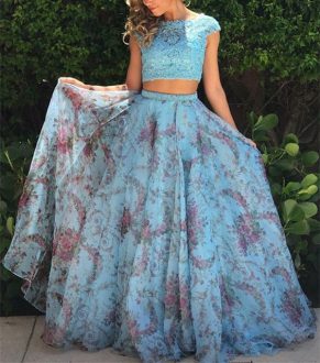 Customized Scoop Cap Sleeves Prom Party Dress Beading and Lace and Pattern Zipper
