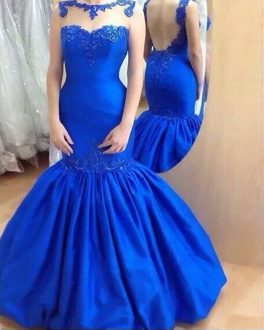 Custom Designed Royal Blue Sleeveless Appliques Floor Length Prom Dress