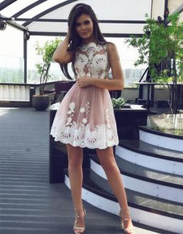 Sleeveless Tulle Mini Length Lace Up Homecoming Gowns in Pink with Lace and Appliques
