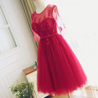 Admirable Red Tulle Prom Evening Gown Half Sleeves Appliques