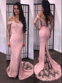 Customized Pink Mermaid Off The Shoulder Sleeveless Sweep Train Lace and Appliques Prom Dress