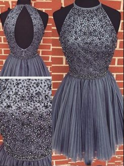 Graceful Sleeveless Mini Length Beading and Pleated Backless Prom Party Dress with Grey