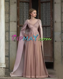 Pink V-neck Tulle Long Prom Dress with Cape Sleeves