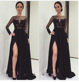 Elegant Black Scoop Neckline Lace Prom Gown Long Sleeves