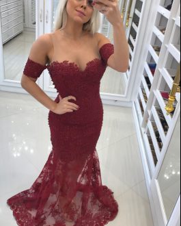 Glorious Burgundy Mermaid Lace and Appliques Junior Homecoming Dress Backless Tulle Sleeveless Floor Length