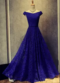 Fitting Royal Blue Cap Sleeves Appliques Floor Length Homecoming Dresses