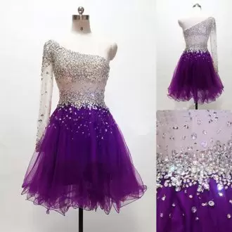 Cheap Purple One Shoulder Tulle Long Sleeves Short Prom Dress with Side Zipper