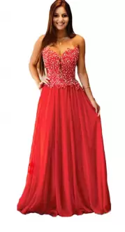 Custom Fit Satin and Chiffon Strapless Sleeveless Sweep Train Lace Up Beading and Lace Prom Gown in White and Red