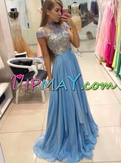 Blue Empire Chiffon High-neck Cap Sleeves Beading Lace Up Homecoming Dress Sweep Train