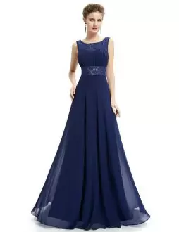 Designer Sleeveless Chiffon Floor Length Backless Prom Dresses in Navy Blue with Lace