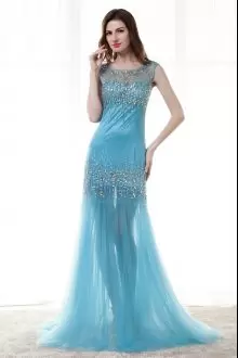 Pretty Blue Mermaid Sweetheart Sleeveless Satin Floor Length Sweep Train Lace Up Beading and Lace Homecoming Dress Online