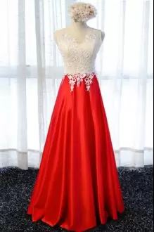 Hot Sale Red Satin Lace Up Hoco Dress Sleeveless Floor Length Lace and Appliques