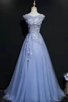 Stylish Light Blue V-neck Lace Long Prom Dress with a Train