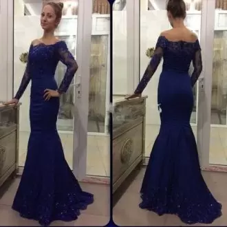 Custom Made Floor Length Zipper Prom Dress Royal Blue for Prom and Party with Appliques Sweep Train
