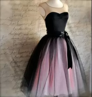 Most Popular Sleeveless Tulle Knee Length Prom Party Dress in Pink And Black with Ruching