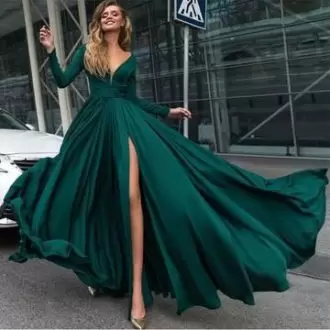 Popular Green Satin and Organza Lace Up V-neck Long Sleeves Knee Length Evening Wear Beading and Lace