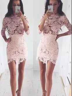 Pink Lace Scoop Half Sleeves Mini Length Prom Evening Gown Lace