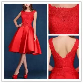 Sleeveless Knee Length Lace Zipper Prom Dresses with Red