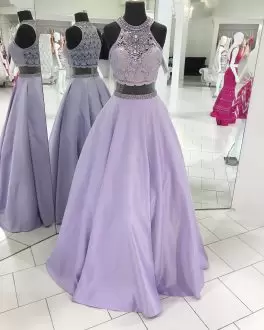 Enchanting Lavender Two Pieces Beading and Lace Prom Gown Zipper Satin Sleeveless Floor Length