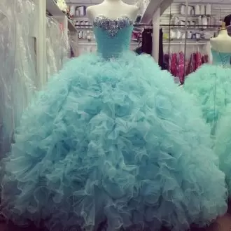 Baby Blue Ball Gowns Organza Sweetheart Sleeveless Beading and Ruffles Floor Length Lace Up Quinceanera Dress