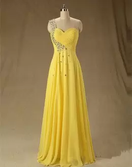 New Arrival Sleeveless Floor Length Beading and Ruching Lace Up Hoco Dress with Yellow