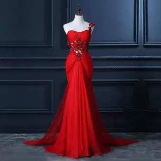 Hot Sale One Shoulder Sleeveless Sweep Train Lace Up Evening Dress Red Satin and Chiffon Beading and Lace